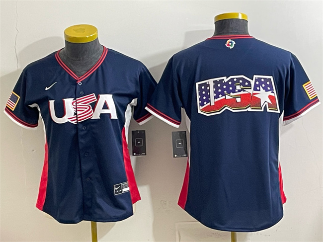 Women's USA Baseball Navy 2026 World Baseball Classic Big Logo Stadium Stitched Baseball Jersey(Run Small)